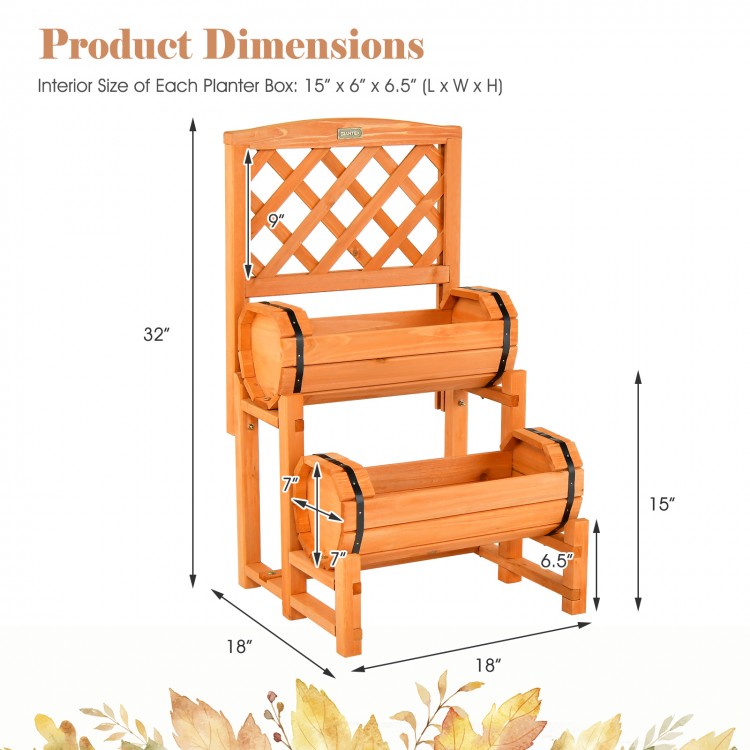 2-tier raised garden bed with cylindrical planter boxes and trellis, crafted from sturdy fir wood for outdoor use.